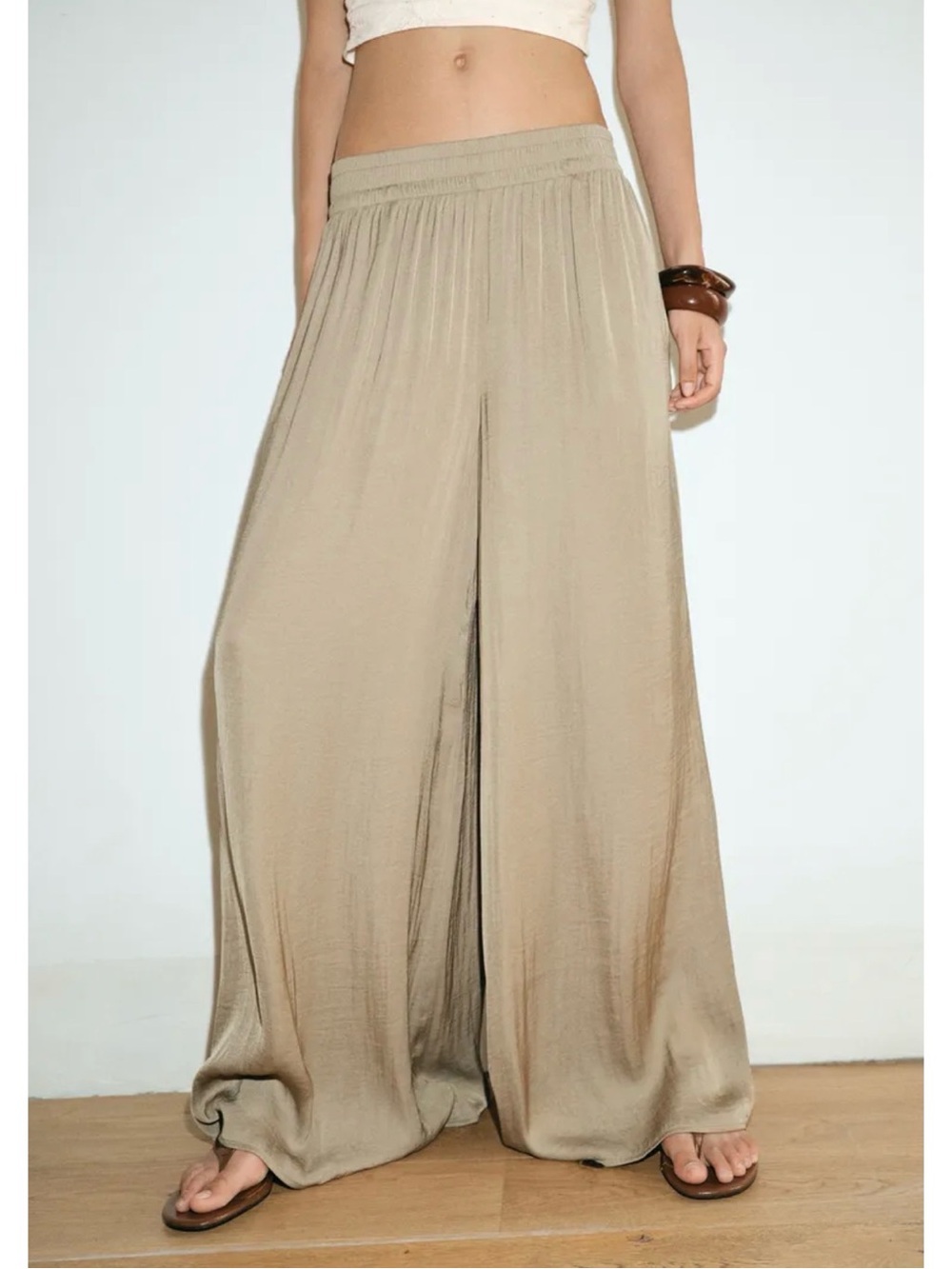 Two pairs of Zara Black & Beige silky Elastic-Waist Loose pants